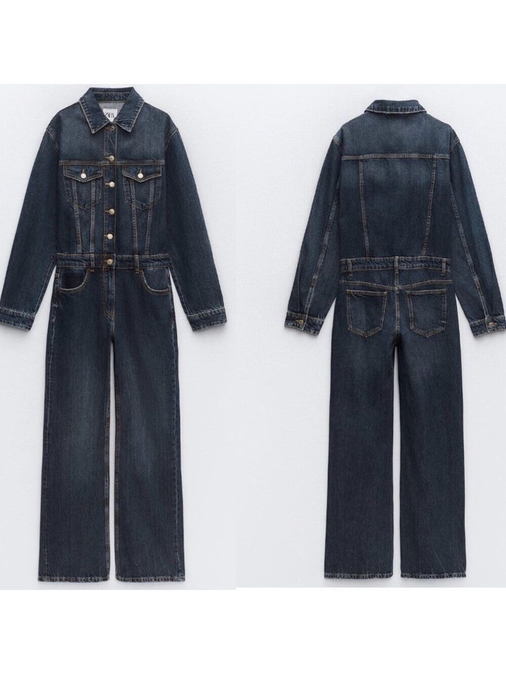 Zara blue denim jean jumpsuit long sleeve button front straight leg Sz S NWOT
